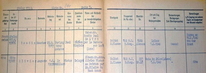 Extrait du registre des prisonniers du Stalag VII A